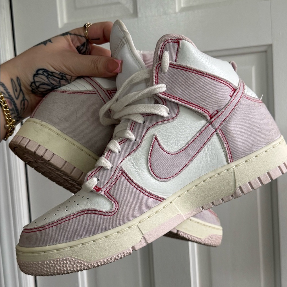 Nike Dunks High Pink Denim White Leather Barely Rose EUC women men unisex